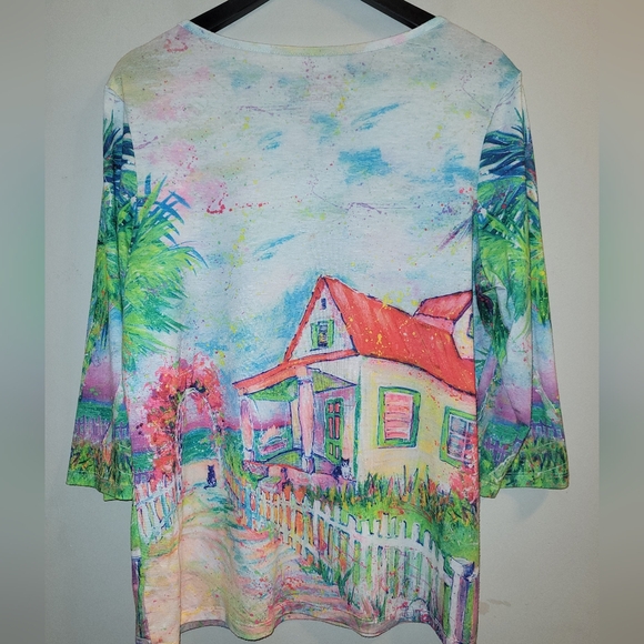 🌴 Leoma Lovegrove Our House Beach Print Ocean Front Tunic Top Neon Ladies L XL - Picture 6 of 6